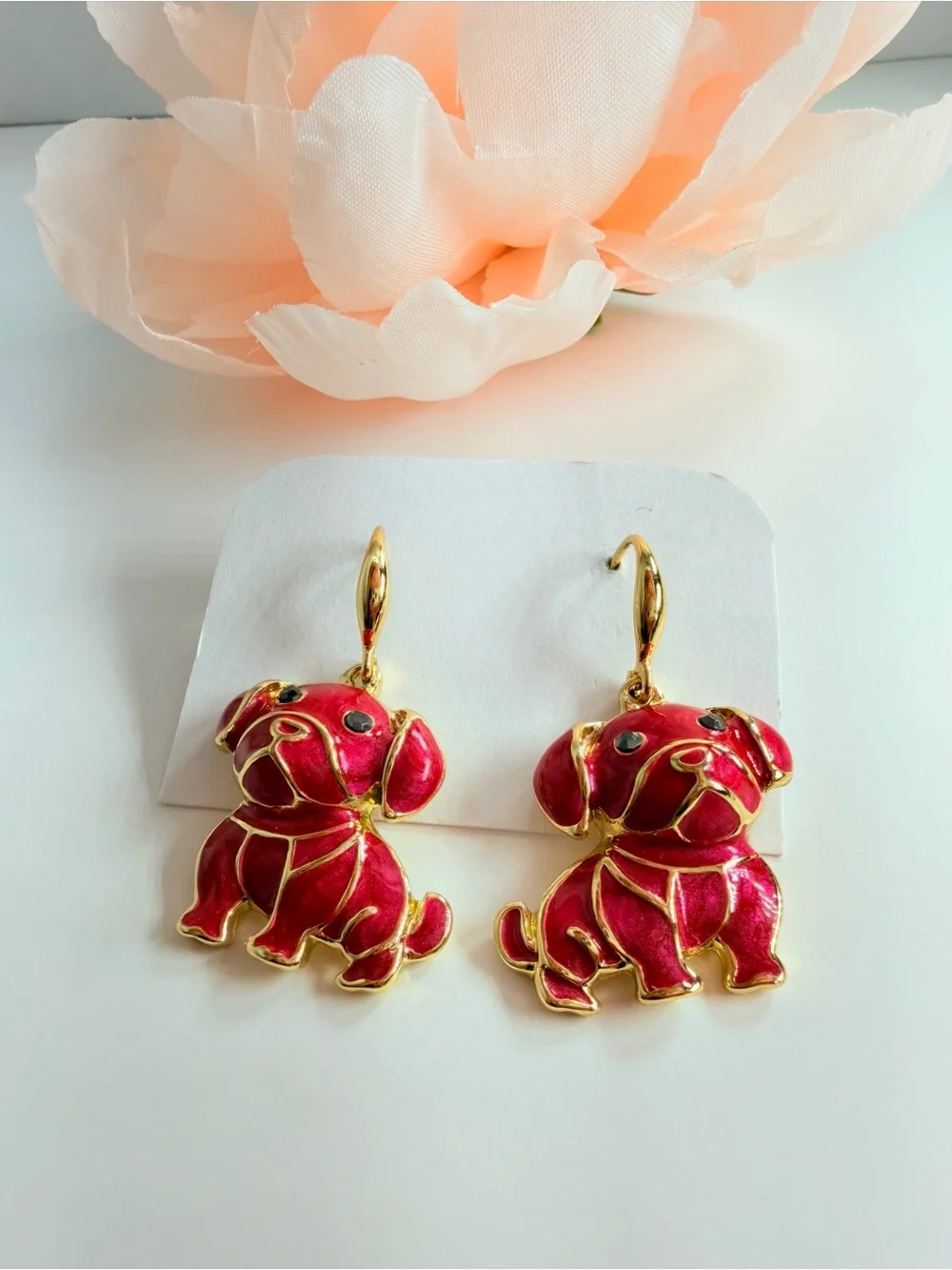 Gold-Trim Red Puppy Dog Drop Earrings - Fashion Pet Jewelry